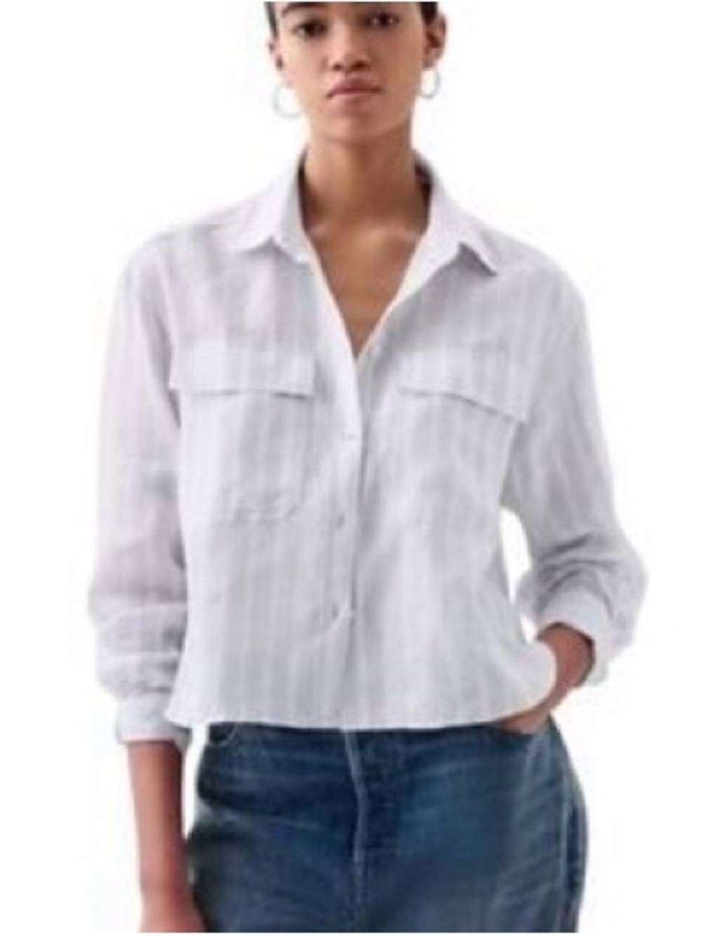 GAP White and Light Blue Striped Cropped Shirt